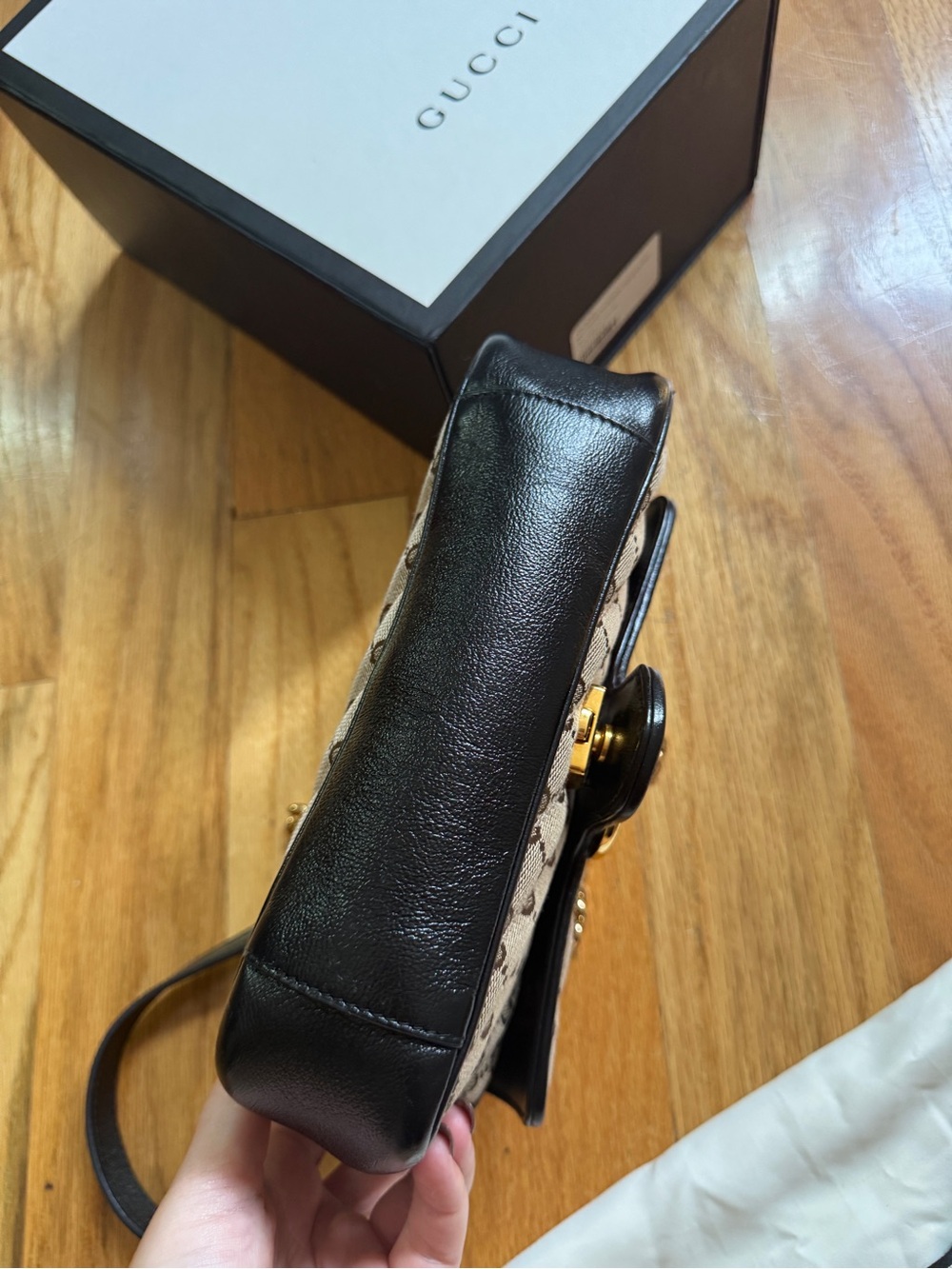 Authentic GUCCI Monogram Matelasse Mini GG Marmont in Beige and Ebony - Picture 5 of 6
